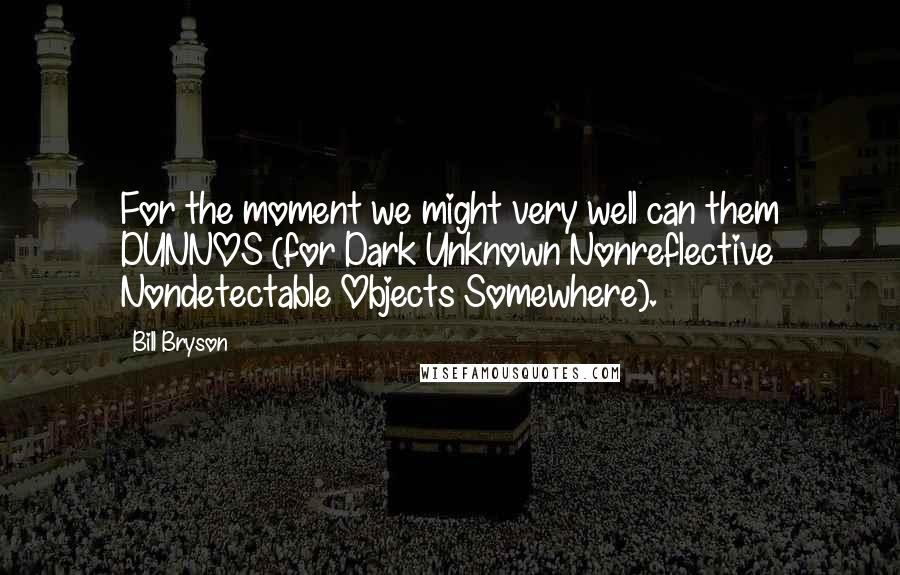 Bill Bryson Quotes: For the moment we might very well can them DUNNOS (for Dark Unknown Nonreflective Nondetectable Objects Somewhere).