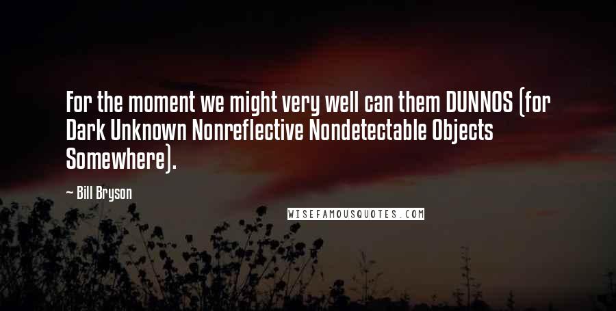 Bill Bryson Quotes: For the moment we might very well can them DUNNOS (for Dark Unknown Nonreflective Nondetectable Objects Somewhere).