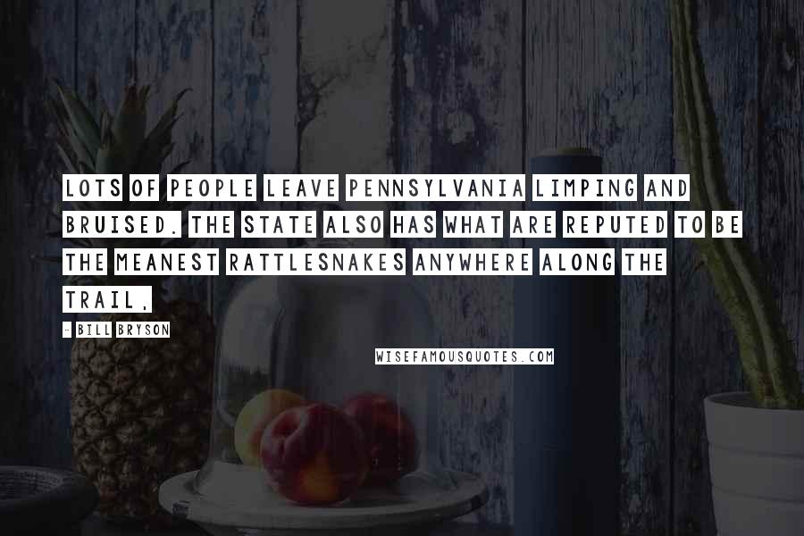 Bill Bryson Quotes: Lots of people leave Pennsylvania limping and bruised. The state also has what are reputed to be the meanest rattlesnakes anywhere along the trail,