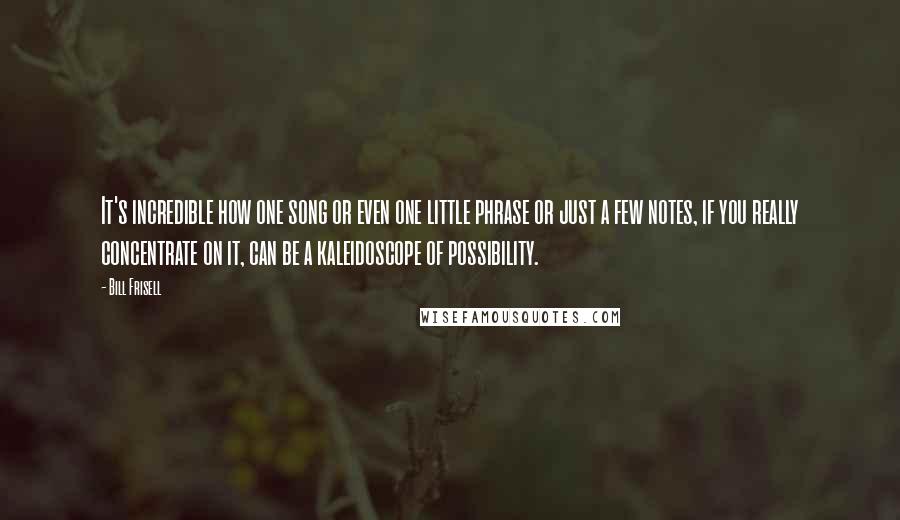 Bill Frisell Quotes: It's incredible how one song or even one little phrase or just a few notes, if you really concentrate on it, can be a kaleidoscope of possibility.