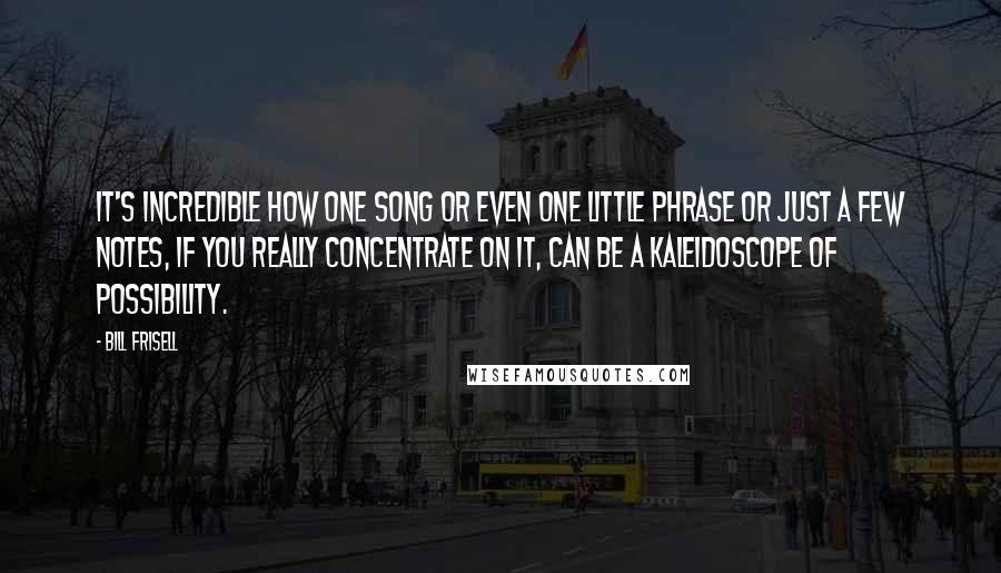 Bill Frisell Quotes: It's incredible how one song or even one little phrase or just a few notes, if you really concentrate on it, can be a kaleidoscope of possibility.