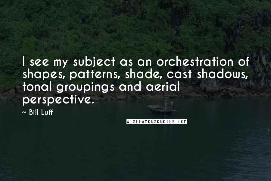 Bill Luff Quotes: I see my subject as an orchestration of shapes, patterns, shade, cast shadows, tonal groupings and aerial perspective.