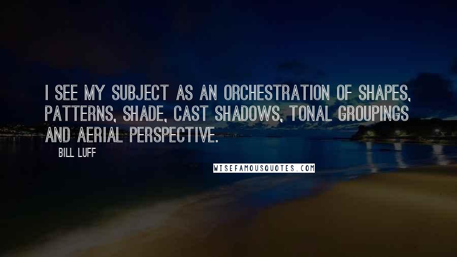 Bill Luff Quotes: I see my subject as an orchestration of shapes, patterns, shade, cast shadows, tonal groupings and aerial perspective.