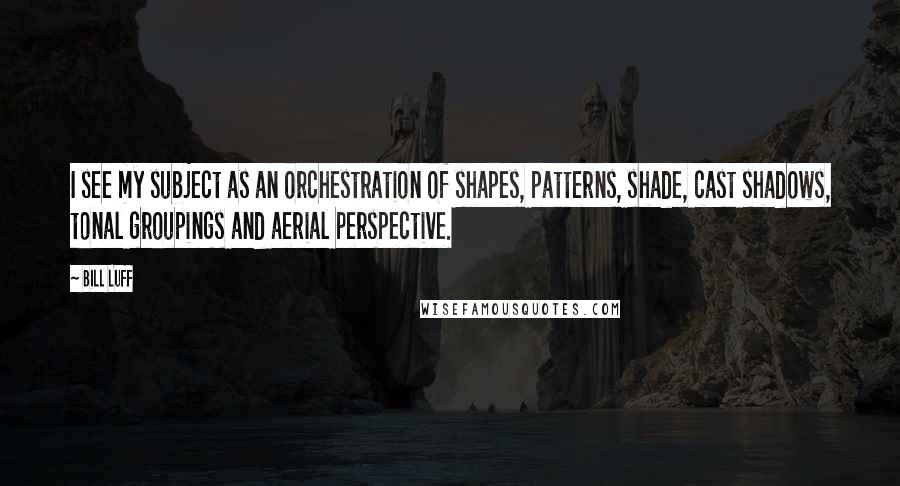 Bill Luff Quotes: I see my subject as an orchestration of shapes, patterns, shade, cast shadows, tonal groupings and aerial perspective.