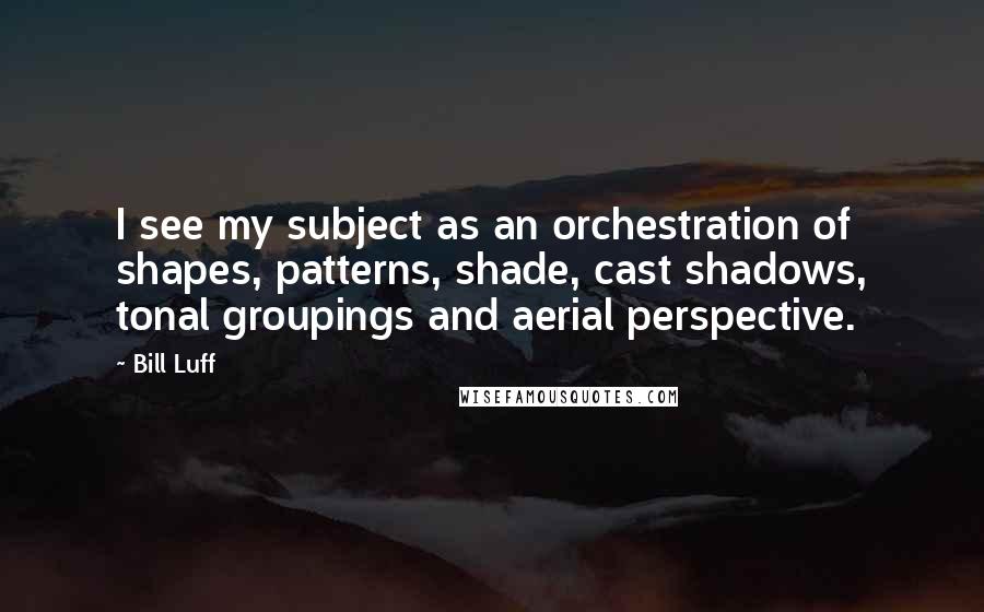 Bill Luff Quotes: I see my subject as an orchestration of shapes, patterns, shade, cast shadows, tonal groupings and aerial perspective.