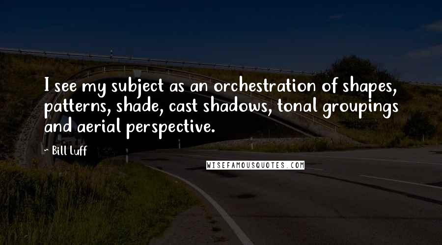 Bill Luff Quotes: I see my subject as an orchestration of shapes, patterns, shade, cast shadows, tonal groupings and aerial perspective.