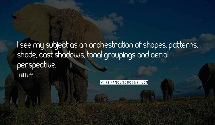 Bill Luff Quotes: I see my subject as an orchestration of shapes, patterns, shade, cast shadows, tonal groupings and aerial perspective.