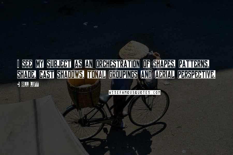 Bill Luff Quotes: I see my subject as an orchestration of shapes, patterns, shade, cast shadows, tonal groupings and aerial perspective.