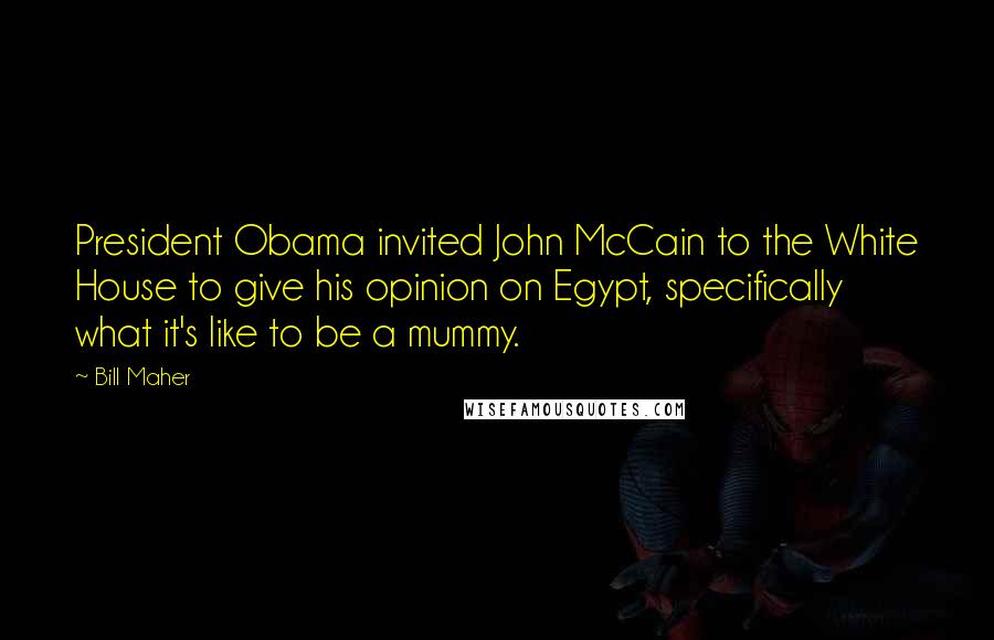 Bill Maher Quotes: President Obama invited John McCain to the White House to give his opinion on Egypt, specifically what it's like to be a mummy.