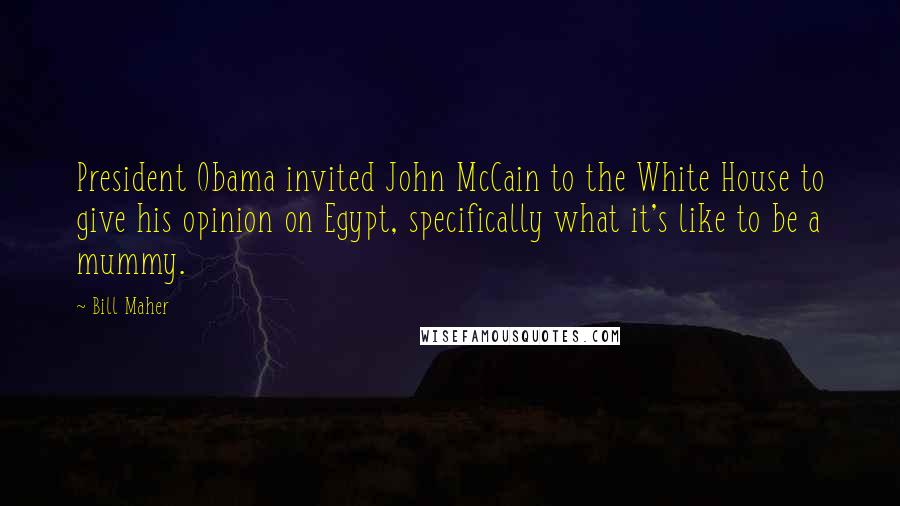 Bill Maher Quotes: President Obama invited John McCain to the White House to give his opinion on Egypt, specifically what it's like to be a mummy.
