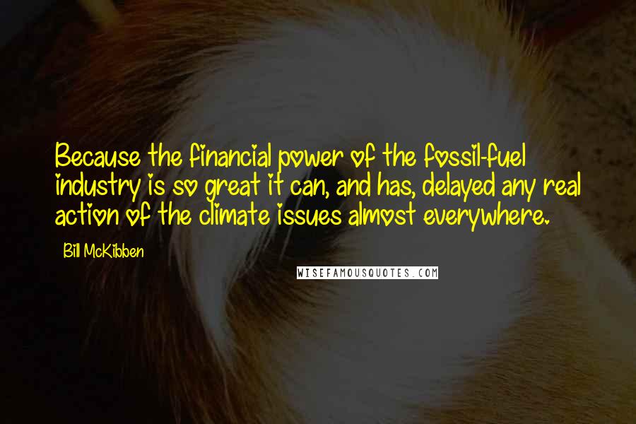 Bill McKibben Quotes: Because the financial power of the fossil-fuel industry is so great it can, and has, delayed any real action of the climate issues almost everywhere.