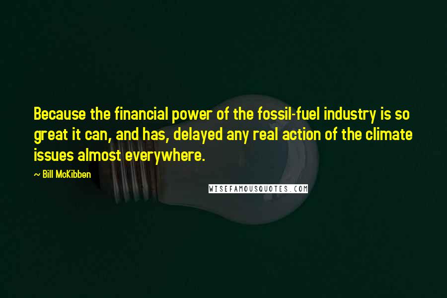 Bill McKibben Quotes: Because the financial power of the fossil-fuel industry is so great it can, and has, delayed any real action of the climate issues almost everywhere.