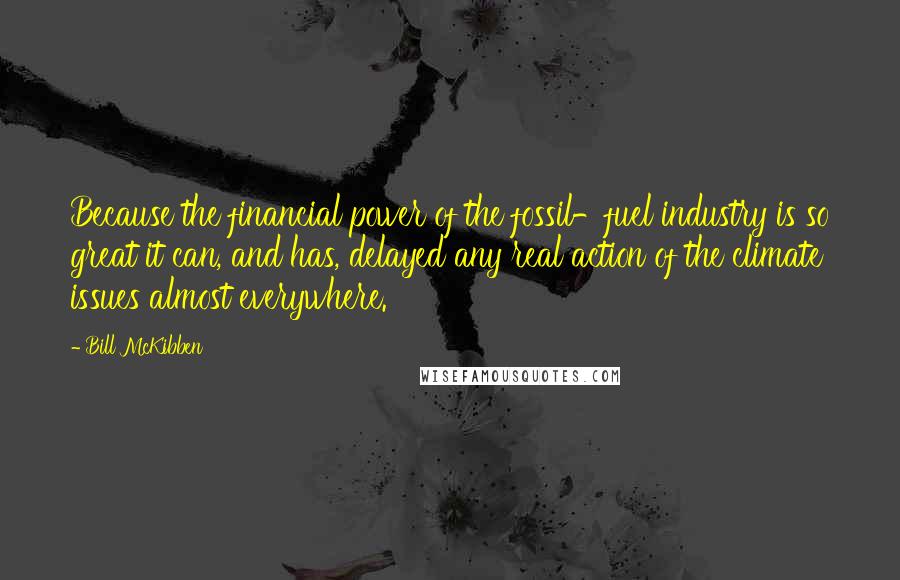 Bill McKibben Quotes: Because the financial power of the fossil-fuel industry is so great it can, and has, delayed any real action of the climate issues almost everywhere.