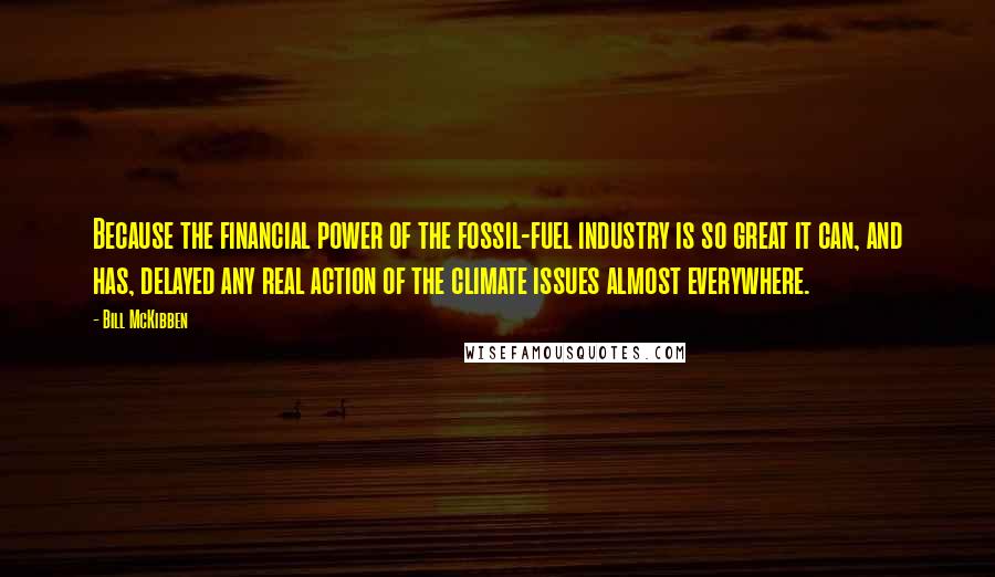 Bill McKibben Quotes: Because the financial power of the fossil-fuel industry is so great it can, and has, delayed any real action of the climate issues almost everywhere.