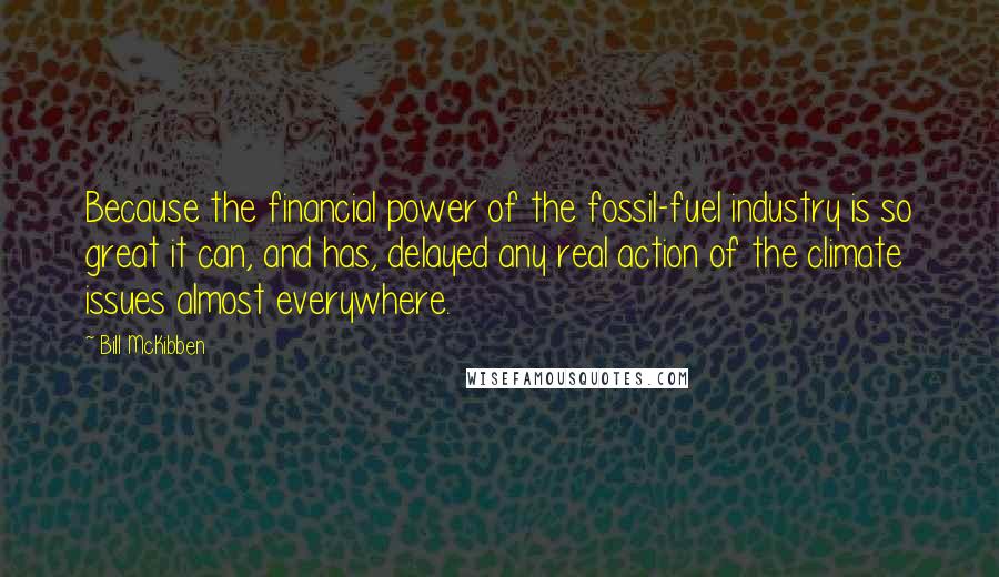 Bill McKibben Quotes: Because the financial power of the fossil-fuel industry is so great it can, and has, delayed any real action of the climate issues almost everywhere.