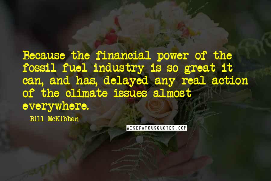Bill McKibben Quotes: Because the financial power of the fossil-fuel industry is so great it can, and has, delayed any real action of the climate issues almost everywhere.