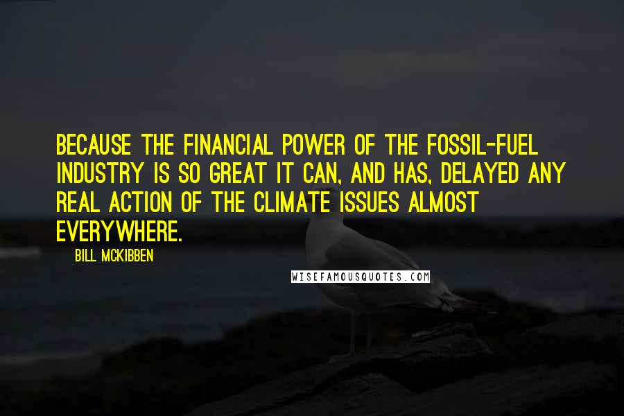 Bill McKibben Quotes: Because the financial power of the fossil-fuel industry is so great it can, and has, delayed any real action of the climate issues almost everywhere.