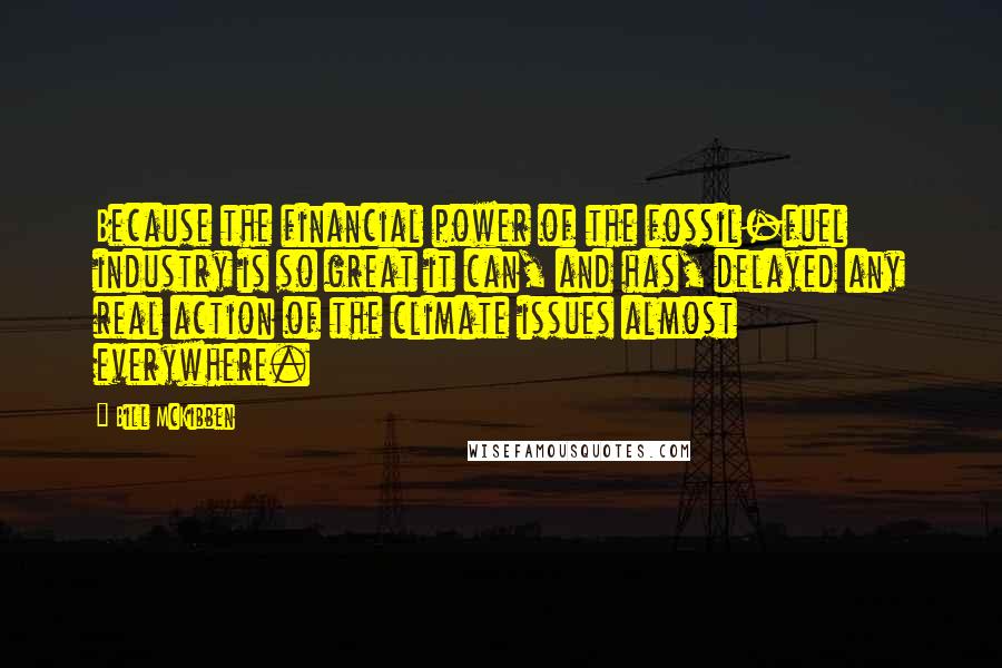 Bill McKibben Quotes: Because the financial power of the fossil-fuel industry is so great it can, and has, delayed any real action of the climate issues almost everywhere.