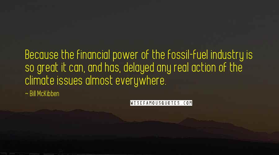 Bill McKibben Quotes: Because the financial power of the fossil-fuel industry is so great it can, and has, delayed any real action of the climate issues almost everywhere.