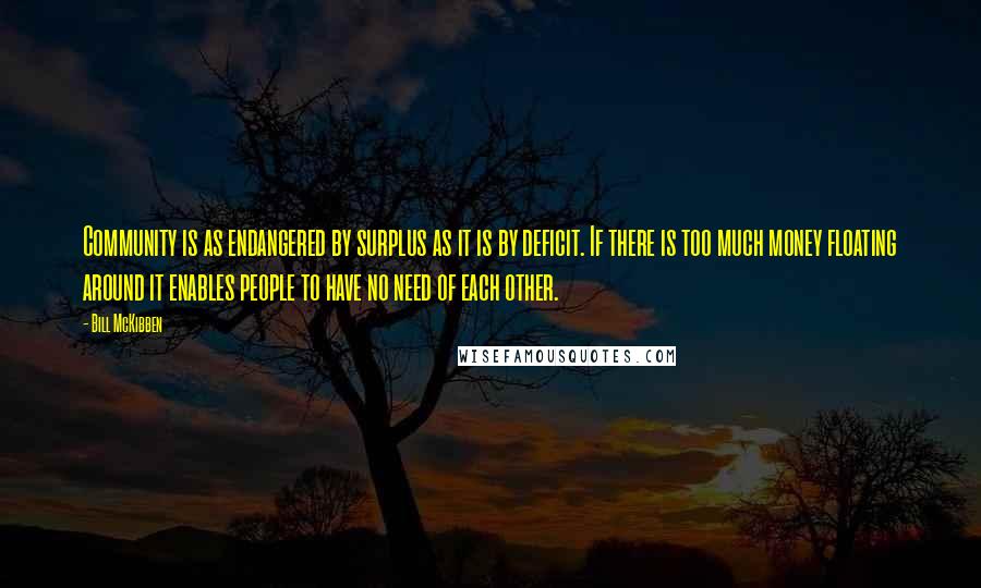 Bill McKibben Quotes: Community is as endangered by surplus as it is by deficit. If there is too much money floating around it enables people to have no need of each other.