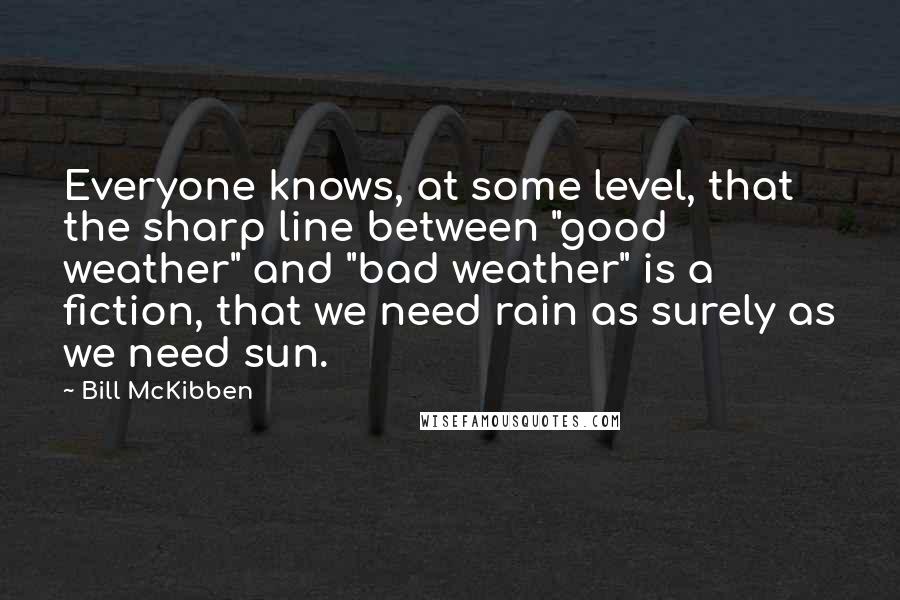 Bill McKibben Quotes: Everyone knows, at some level, that the sharp line between "good weather" and "bad weather" is a fiction, that we need rain as surely as we need sun.