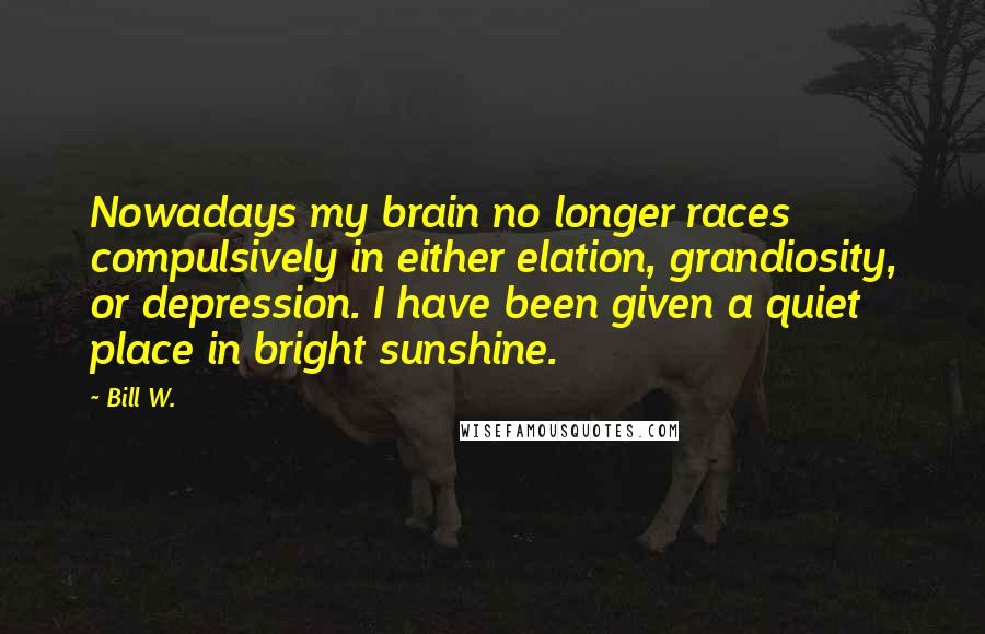 Bill W. Quotes: Nowadays my brain no longer races compulsively in either elation, grandiosity, or depression. I have been given a quiet place in bright sunshine.