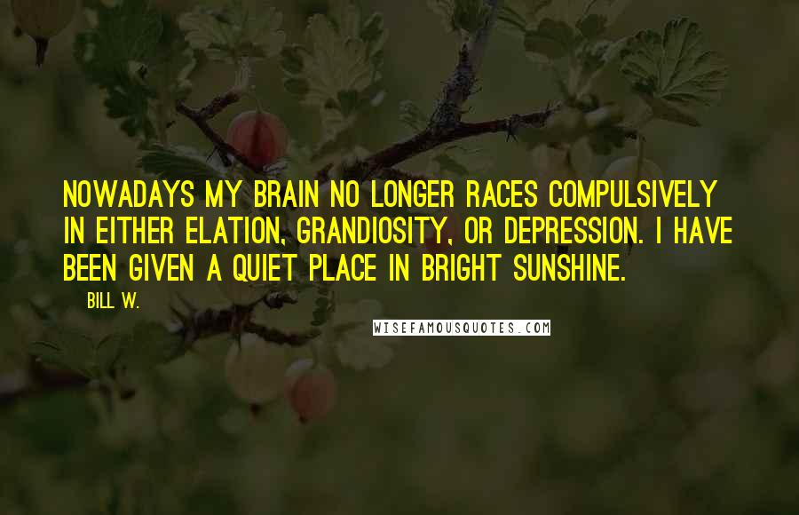 Bill W. Quotes: Nowadays my brain no longer races compulsively in either elation, grandiosity, or depression. I have been given a quiet place in bright sunshine.