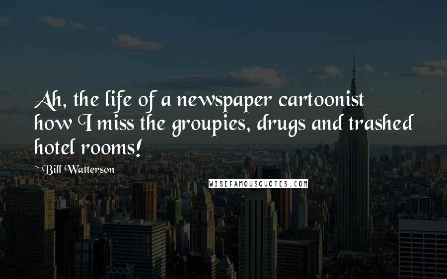Bill Watterson Quotes: Ah, the life of a newspaper cartoonist how I miss the groupies, drugs and trashed hotel rooms!