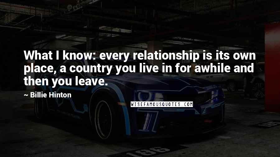 Billie Hinton Quotes: What I know: every relationship is its own place, a country you live in for awhile and then you leave.