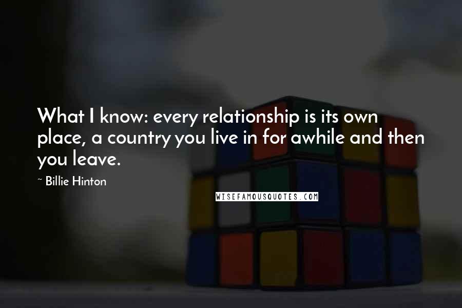 Billie Hinton Quotes: What I know: every relationship is its own place, a country you live in for awhile and then you leave.