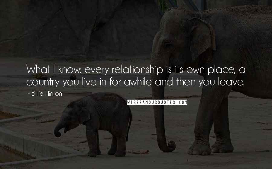 Billie Hinton Quotes: What I know: every relationship is its own place, a country you live in for awhile and then you leave.