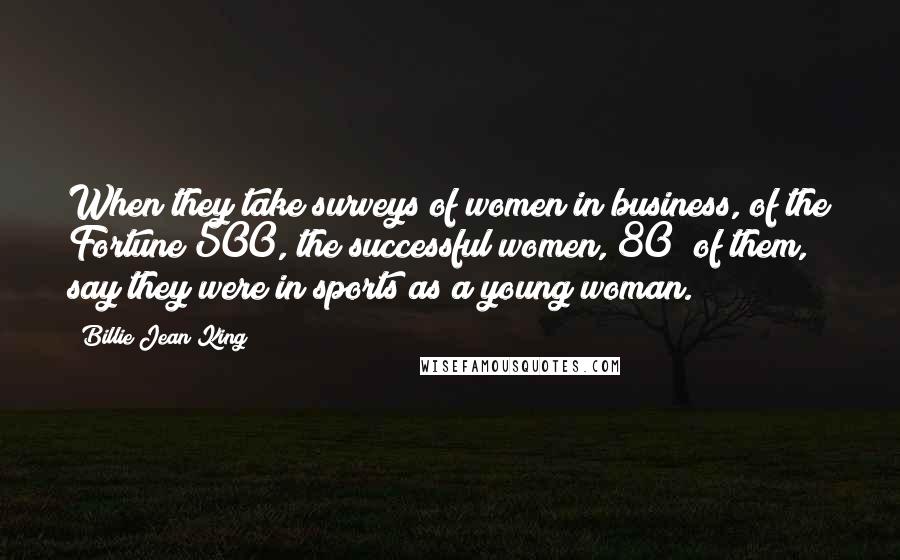 Billie Jean King Quotes: When they take surveys of women in business, of the Fortune 500, the successful women, 80% of them, say they were in sports as a young woman.