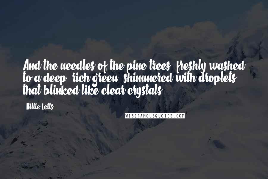 Billie Letts Quotes: And the needles of the pine trees, freshly washed to a deep, rich green, shimmered with droplets that blinked like clear crystals.