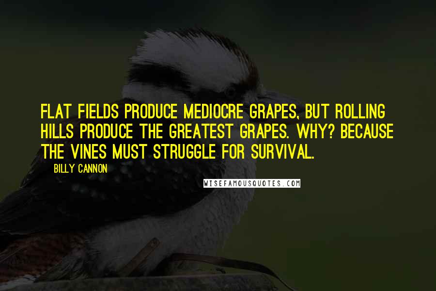 Billy Cannon Quotes: Flat fields produce mediocre grapes, but rolling hills produce the greatest grapes. Why? Because the vines must struggle for survival.