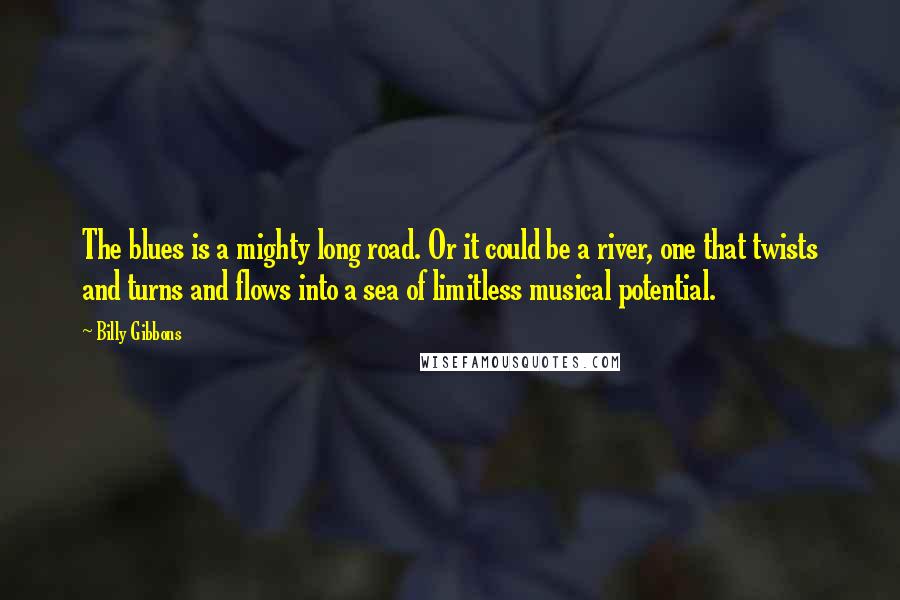 Billy Gibbons Quotes: The blues is a mighty long road. Or it could be a river, one that twists and turns and flows into a sea of limitless musical potential.