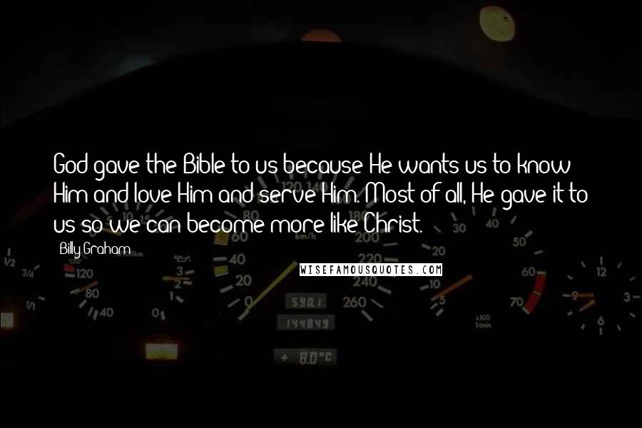 Billy Graham Quotes: God gave the Bible to us because He wants us to know Him and love Him and serve Him. Most of all, He gave it to us so we can become more like Christ.
