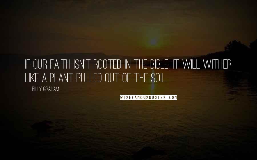 Billy Graham Quotes: If our faith isn't rooted in the Bible, it will wither like a plant pulled out of the soil.