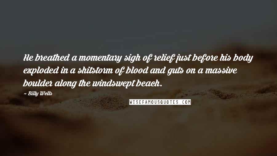 Billy Wells Quotes: He breathed a momentary sigh of relief just before his body exploded in a shitstorm of blood and guts on a massive boulder along the windswept beach.