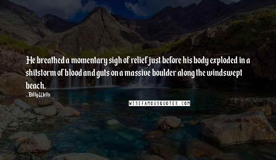 Billy Wells Quotes: He breathed a momentary sigh of relief just before his body exploded in a shitstorm of blood and guts on a massive boulder along the windswept beach.