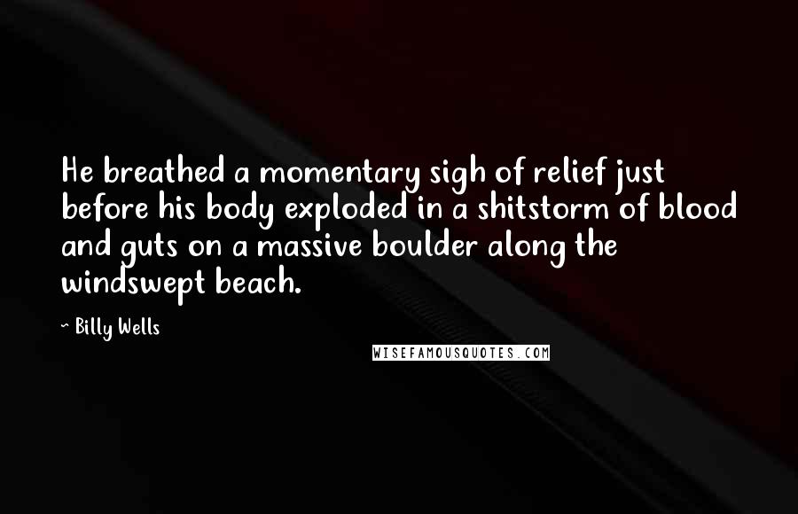 Billy Wells Quotes: He breathed a momentary sigh of relief just before his body exploded in a shitstorm of blood and guts on a massive boulder along the windswept beach.