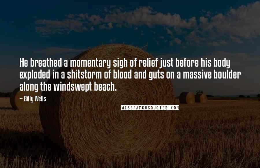 Billy Wells Quotes: He breathed a momentary sigh of relief just before his body exploded in a shitstorm of blood and guts on a massive boulder along the windswept beach.