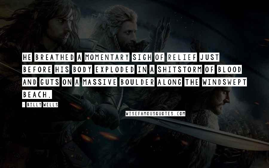 Billy Wells Quotes: He breathed a momentary sigh of relief just before his body exploded in a shitstorm of blood and guts on a massive boulder along the windswept beach.