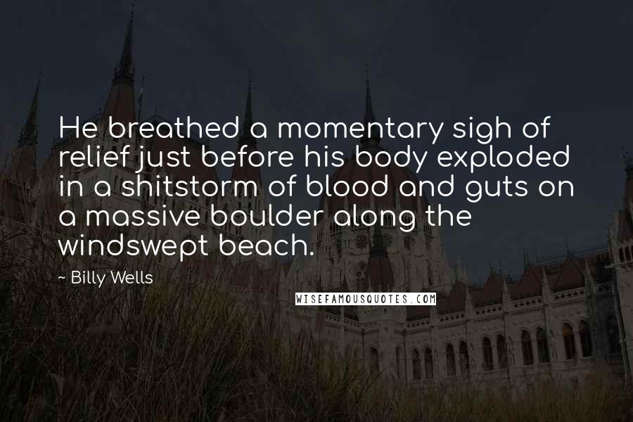 Billy Wells Quotes: He breathed a momentary sigh of relief just before his body exploded in a shitstorm of blood and guts on a massive boulder along the windswept beach.