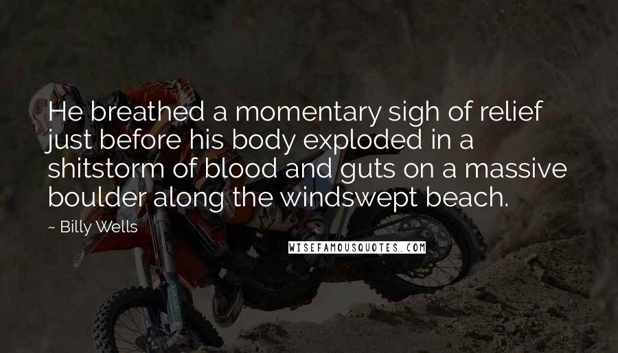 Billy Wells Quotes: He breathed a momentary sigh of relief just before his body exploded in a shitstorm of blood and guts on a massive boulder along the windswept beach.