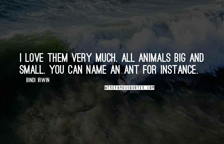 Bindi Irwin Quotes: I love them very much. All animals big and small. You can name an ant for instance.