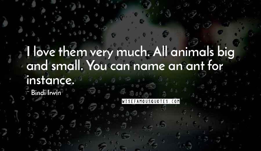 Bindi Irwin Quotes: I love them very much. All animals big and small. You can name an ant for instance.