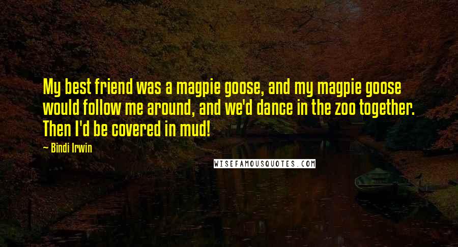 Bindi Irwin Quotes: My best friend was a magpie goose, and my magpie goose would follow me around, and we'd dance in the zoo together. Then I'd be covered in mud!