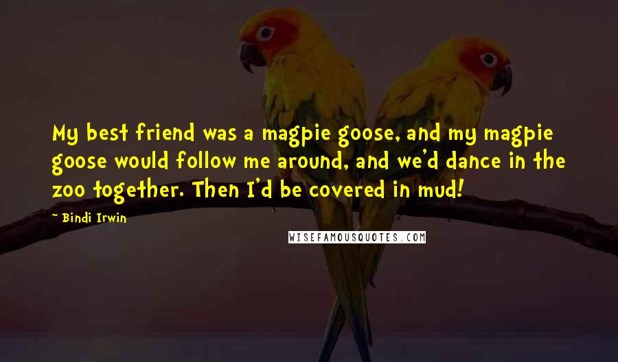 Bindi Irwin Quotes: My best friend was a magpie goose, and my magpie goose would follow me around, and we'd dance in the zoo together. Then I'd be covered in mud!