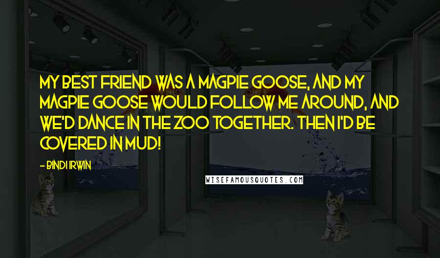 Bindi Irwin Quotes: My best friend was a magpie goose, and my magpie goose would follow me around, and we'd dance in the zoo together. Then I'd be covered in mud!