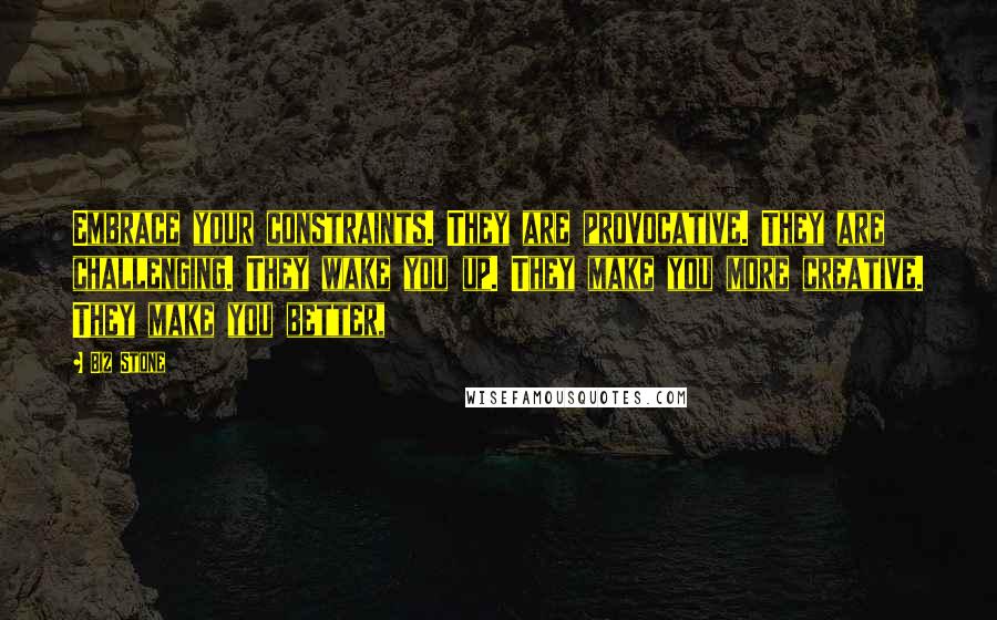 Biz Stone Quotes: Embrace your constraints. They are provocative. They are challenging. They wake you up. They make you more creative. They make you better,